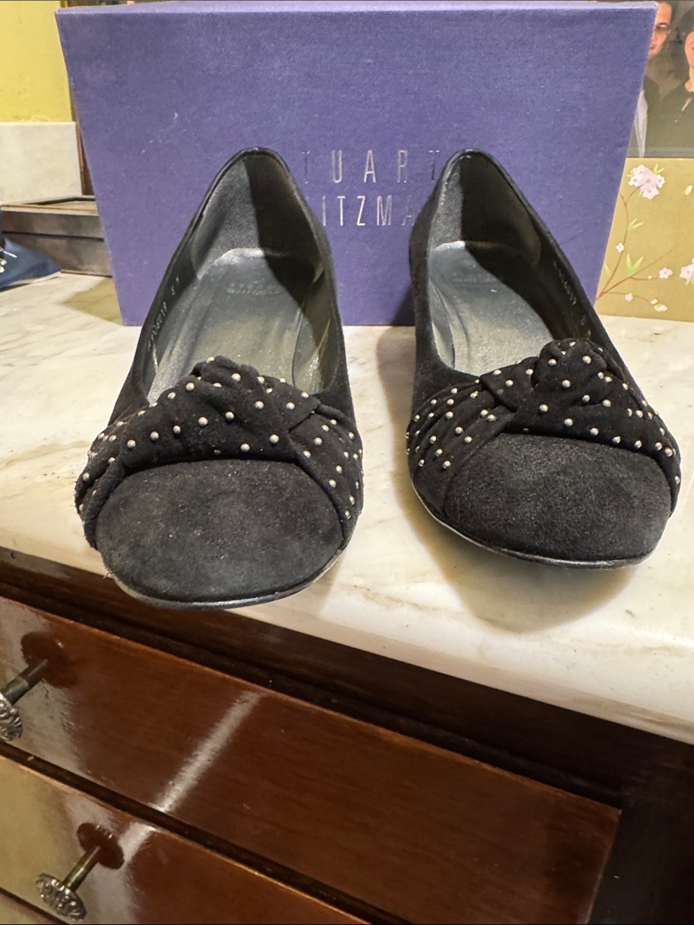 Stuart Weitzman Black Suede Studded Knot Flats